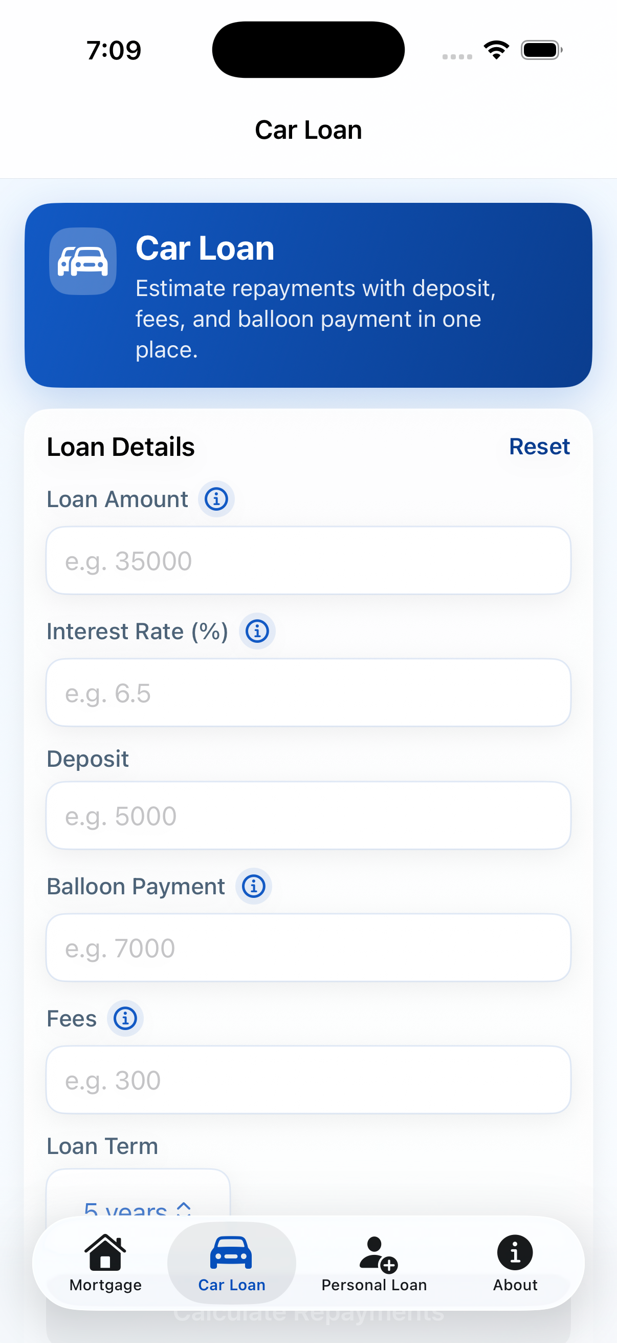Mortgage calculator input and estimate screen